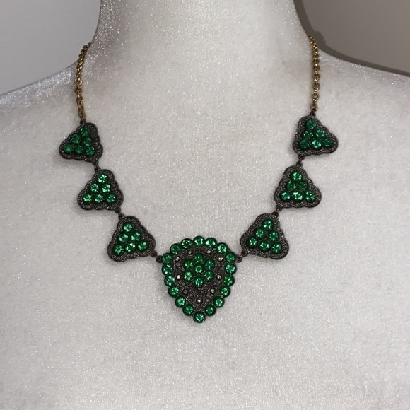 Emerald Green Rhinestone Filigree Vintage Necklace Christmas Party - Picture 5 of 16